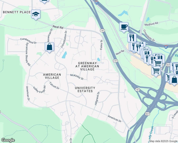map of restaurants, bars, coffee shops, grocery stores, and more near 108 Sturdivant Road in Durham