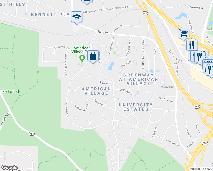 map of restaurants, bars, coffee shops, grocery stores, and more near 66 Intuition Circle in Durham