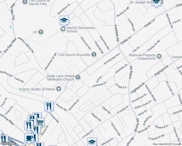 map of restaurants, bars, coffee shops, grocery stores, and more near 911 West Parkway Avenue in Knoxville