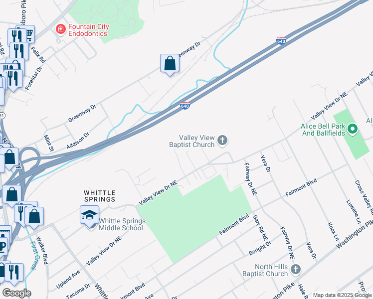 map of restaurants, bars, coffee shops, grocery stores, and more near 3630 Lyons Way in Knoxville