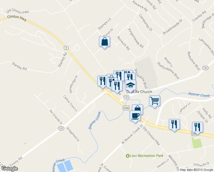 map of restaurants, bars, coffee shops, grocery stores, and more near 7600 Clinton Hwy in Powell