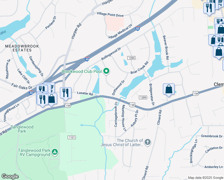map of restaurants, bars, coffee shops, grocery stores, and more near 4438 Driftwood Drive in Clemmons