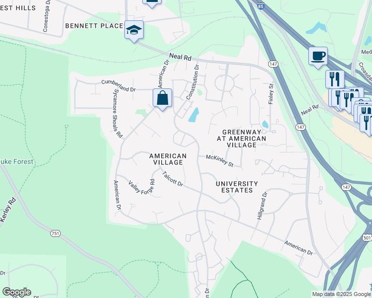 map of restaurants, bars, coffee shops, grocery stores, and more near 44 Intuition Circle in Durham