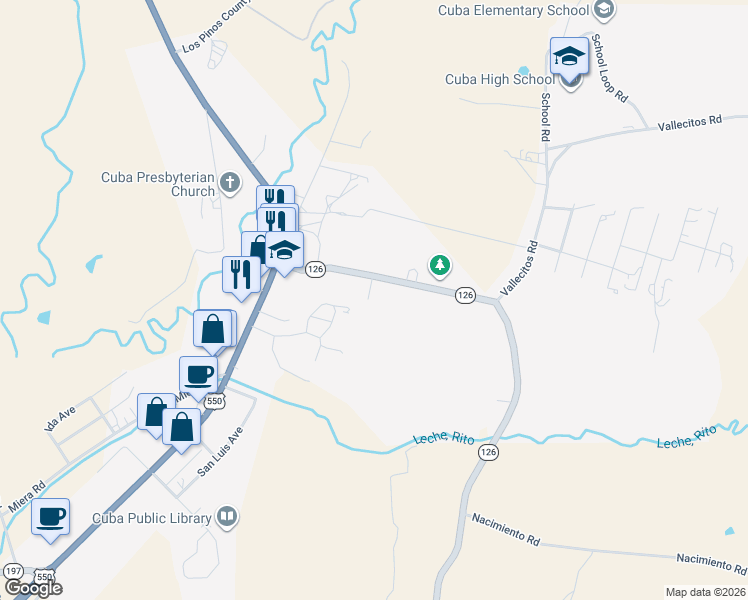 map of restaurants, bars, coffee shops, grocery stores, and more near 6 Mesa Vista Road in Cuba