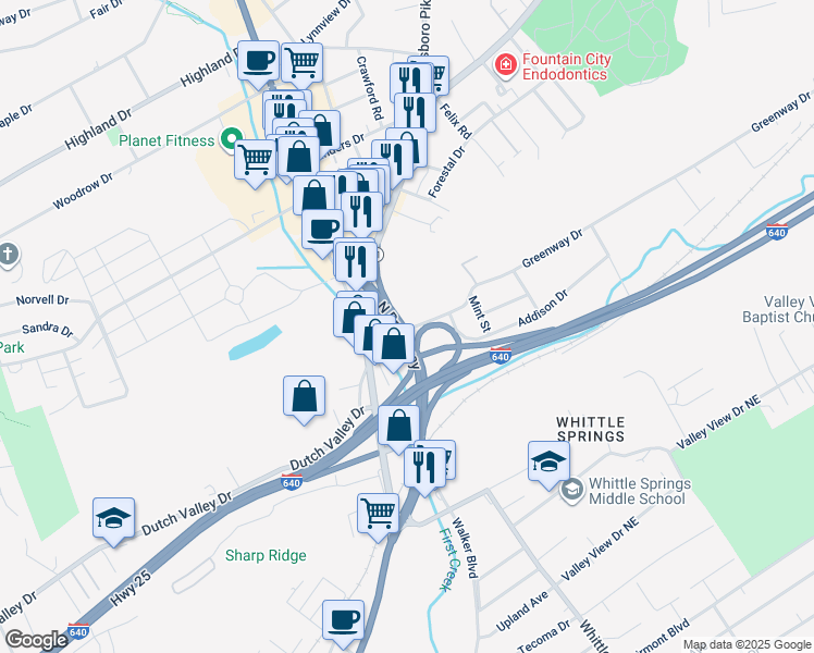 map of restaurants, bars, coffee shops, grocery stores, and more near 4666 North Broadway in Knoxville
