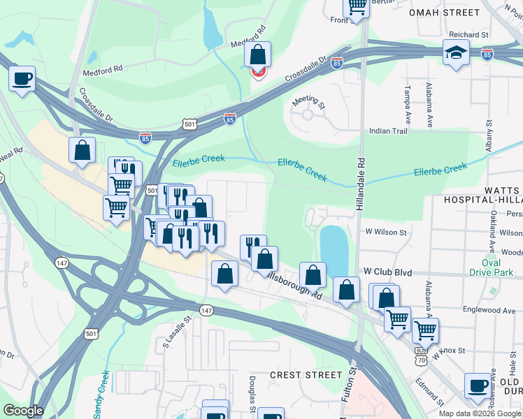 map of restaurants, bars, coffee shops, grocery stores, and more near 1503 Bellevue Ave in Durham