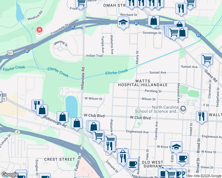 map of restaurants, bars, coffee shops, grocery stores, and more near 1500 Alabama Avenue in Durham