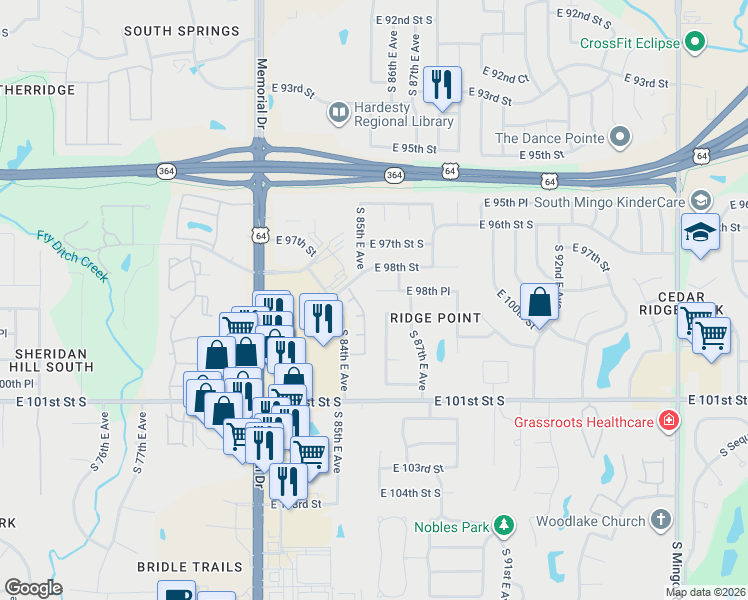 map of restaurants, bars, coffee shops, grocery stores, and more near 8610 East 98th Place in Tulsa