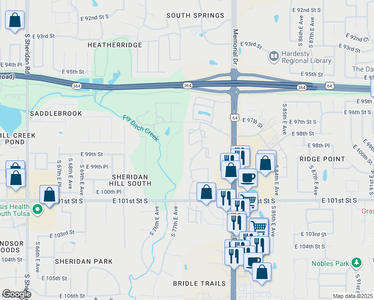 map of restaurants, bars, coffee shops, grocery stores, and more near 7708 East 99th Street in Tulsa