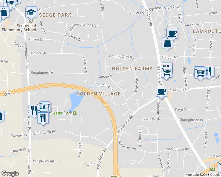 map of restaurants, bars, coffee shops, grocery stores, and more near 3222 Anvil Place in Greensboro