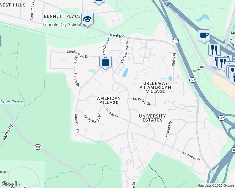 map of restaurants, bars, coffee shops, grocery stores, and more near 56 Intuition Circle in Durham