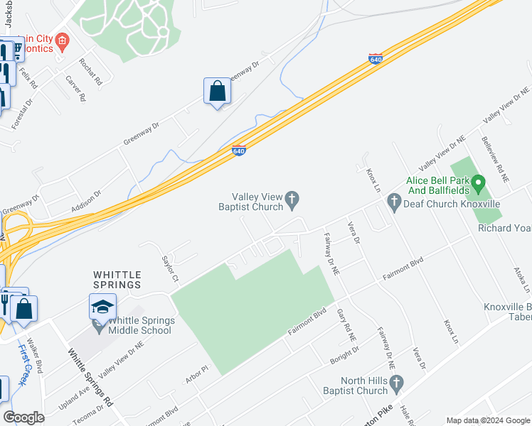 map of restaurants, bars, coffee shops, grocery stores, and more near 3636 Starview Way in Knoxville