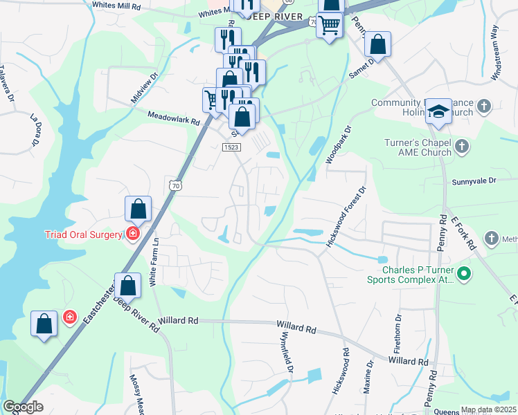 map of restaurants, bars, coffee shops, grocery stores, and more near 3735 Spanish Peak Drive in High Point