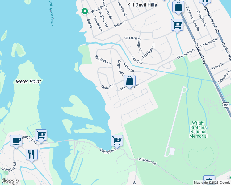 map of restaurants, bars, coffee shops, grocery stores, and more near 908 Clipper Court in Kill Devil Hills