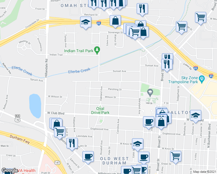 map of restaurants, bars, coffee shops, grocery stores, and more near 2118 Pershing Street in Durham