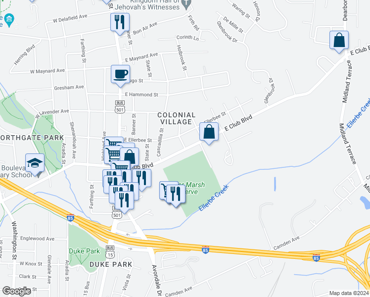 map of restaurants, bars, coffee shops, grocery stores, and more near 2402 Thorne Street in Durham