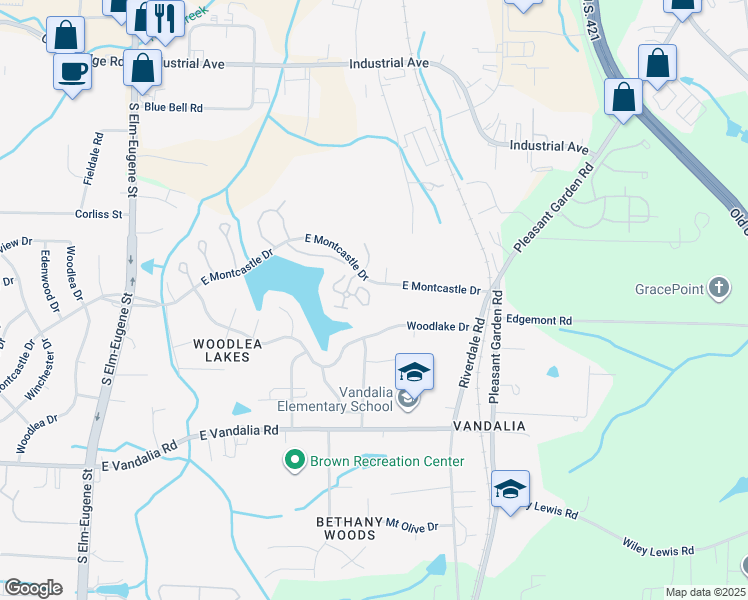 map of restaurants, bars, coffee shops, grocery stores, and more near 35 Grassy Knoll Circle in Greensboro