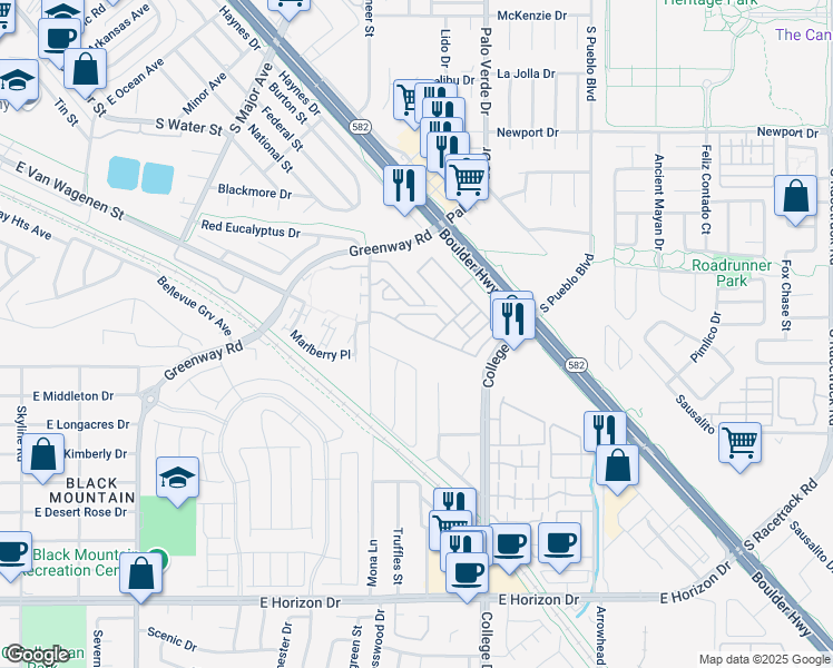 map of restaurants, bars, coffee shops, grocery stores, and more near 630 Bellus Place in Henderson