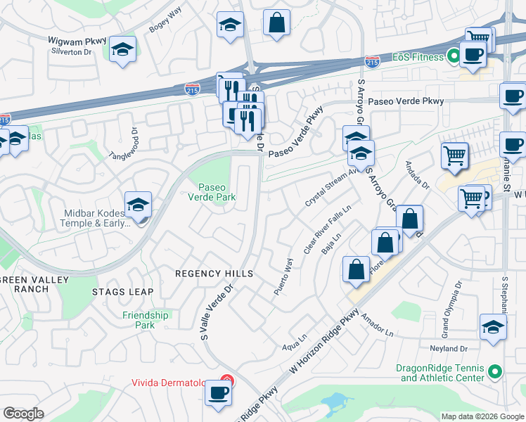 map of restaurants, bars, coffee shops, grocery stores, and more near 249 Timber Hollow Street in Henderson