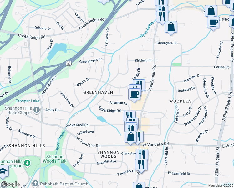 map of restaurants, bars, coffee shops, grocery stores, and more near 619 Mystic Drive in Greensboro