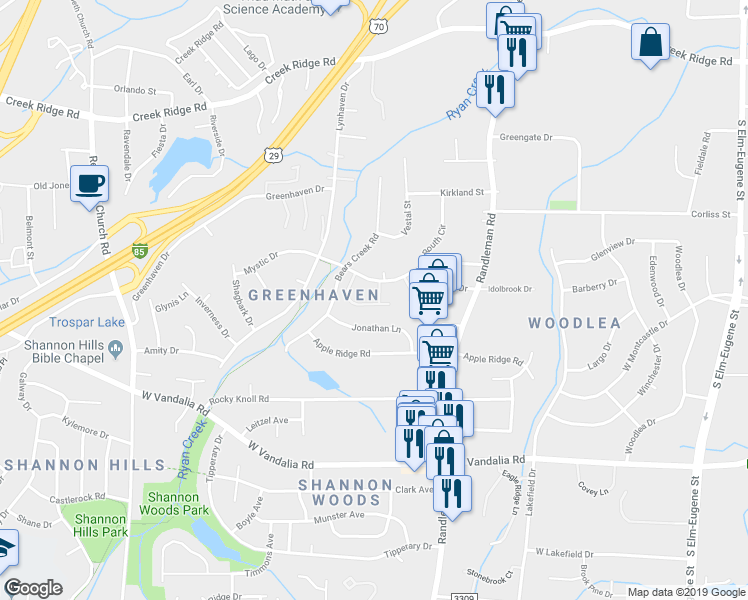 map of restaurants, bars, coffee shops, grocery stores, and more near 619 Mystic Drive in Greensboro