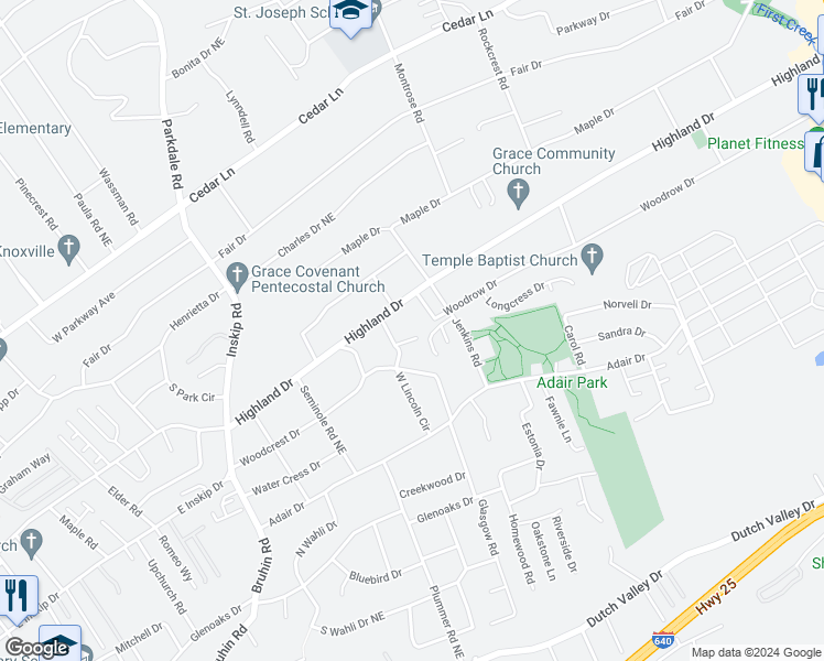 map of restaurants, bars, coffee shops, grocery stores, and more near 1609 Woodrow Drive in Knoxville
