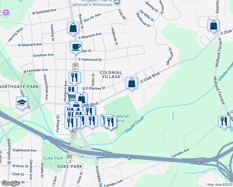 map of restaurants, bars, coffee shops, grocery stores, and more near 2404 Thorne Street in Durham