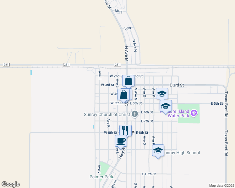 map of restaurants, bars, coffee shops, grocery stores, and more near 200 West 4th Street in Sunray