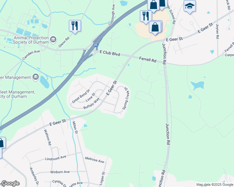 map of restaurants, bars, coffee shops, grocery stores, and more near 2006 Great Bend Drive in Durham