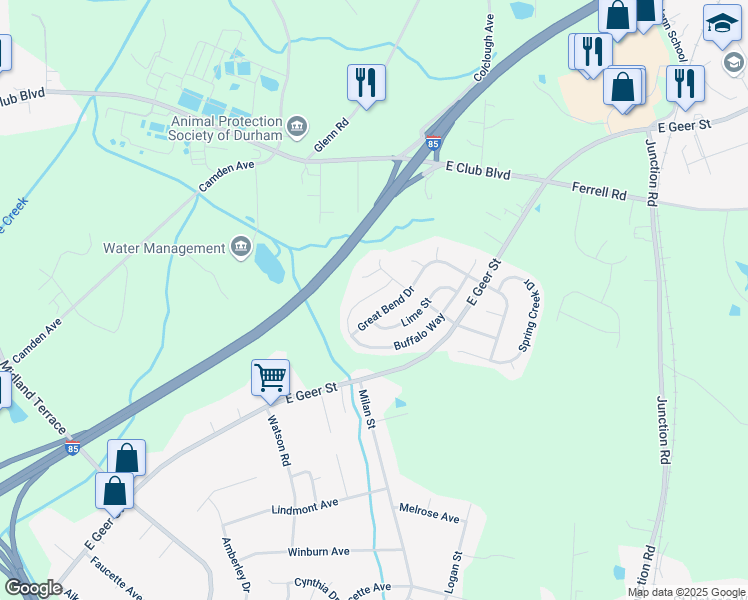 map of restaurants, bars, coffee shops, grocery stores, and more near 1914 Buffalo Way in Durham