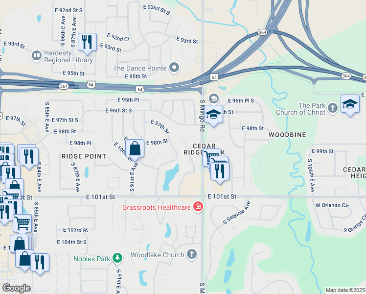 map of restaurants, bars, coffee shops, grocery stores, and more near 9507 East 99th Street in Tulsa