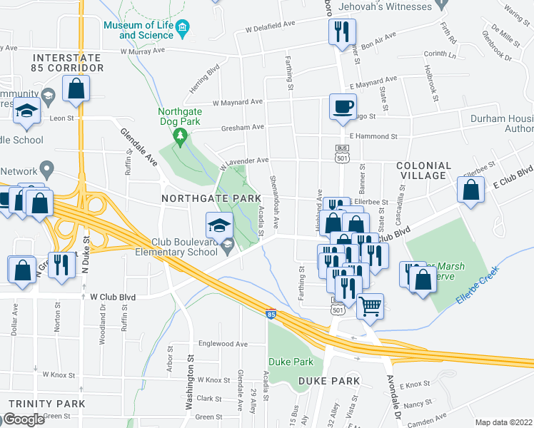 map of restaurants, bars, coffee shops, grocery stores, and more near 2420 Acadia Street in Durham