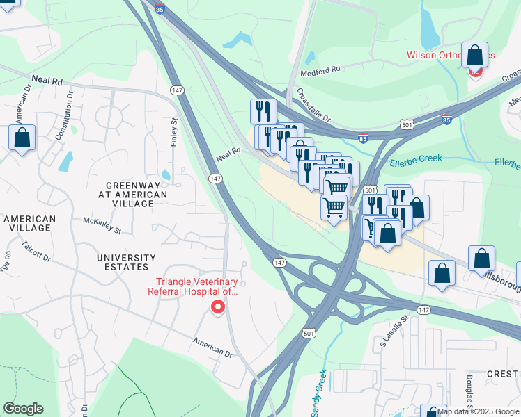 map of restaurants, bars, coffee shops, grocery stores, and more near 223 Bridgefield Place in Durham