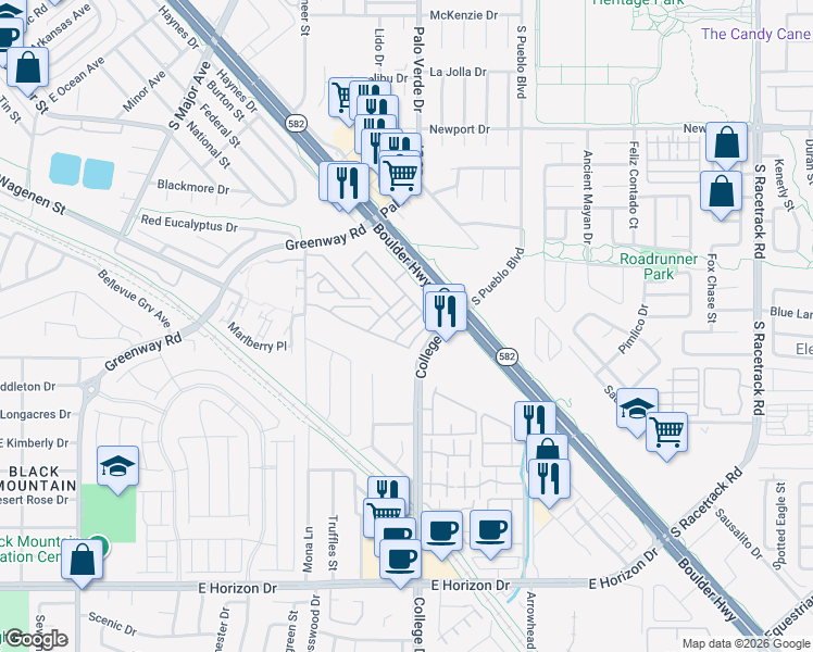 map of restaurants, bars, coffee shops, grocery stores, and more near 227 College Drive in Henderson