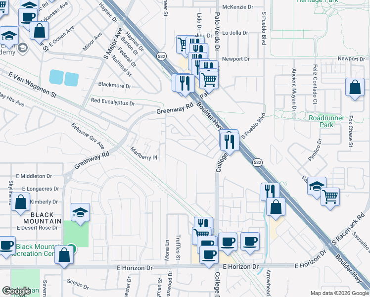 map of restaurants, bars, coffee shops, grocery stores, and more near 611 Diamond Drive in Henderson