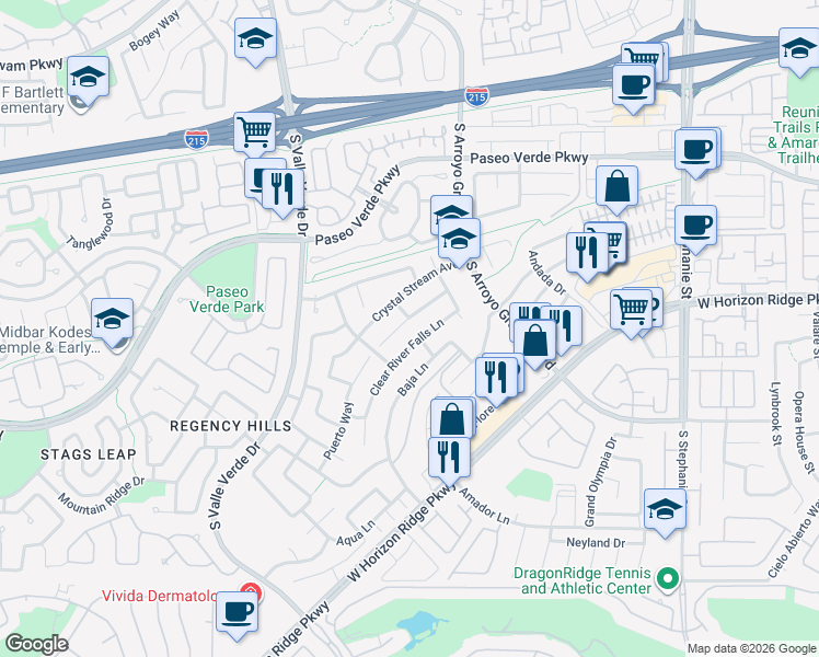 map of restaurants, bars, coffee shops, grocery stores, and more near 1762 Clear River Falls Lane in Henderson