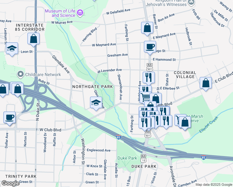 map of restaurants, bars, coffee shops, grocery stores, and more near 2420 Acadia Street in Durham