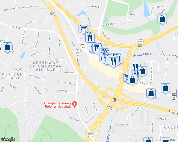 map of restaurants, bars, coffee shops, grocery stores, and more near 221 Bridgefield Place in Durham
