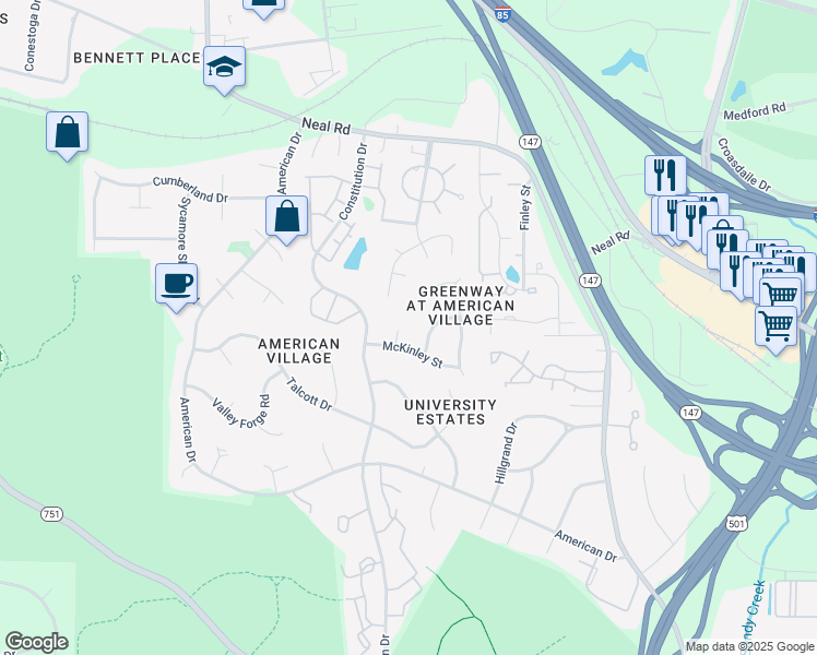 map of restaurants, bars, coffee shops, grocery stores, and more near 7 Vinson Place in Durham