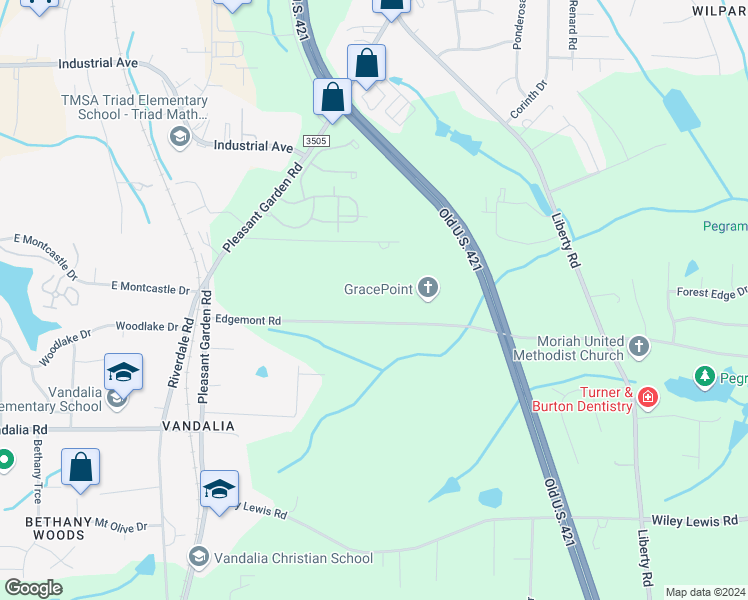 map of restaurants, bars, coffee shops, grocery stores, and more near 903 Edgemont Road in Greensboro