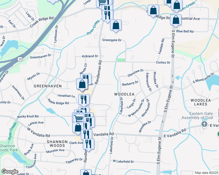 map of restaurants, bars, coffee shops, grocery stores, and more near 315 Idolbrook Drive in Greensboro