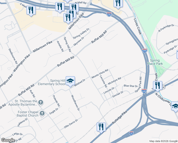 map of restaurants, bars, coffee shops, grocery stores, and more near 2112 Spring Hill Road in Knoxville