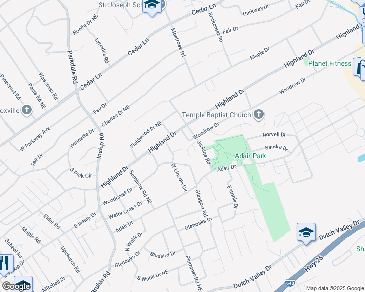 map of restaurants, bars, coffee shops, grocery stores, and more near 1609 Woodrow Drive in Knoxville