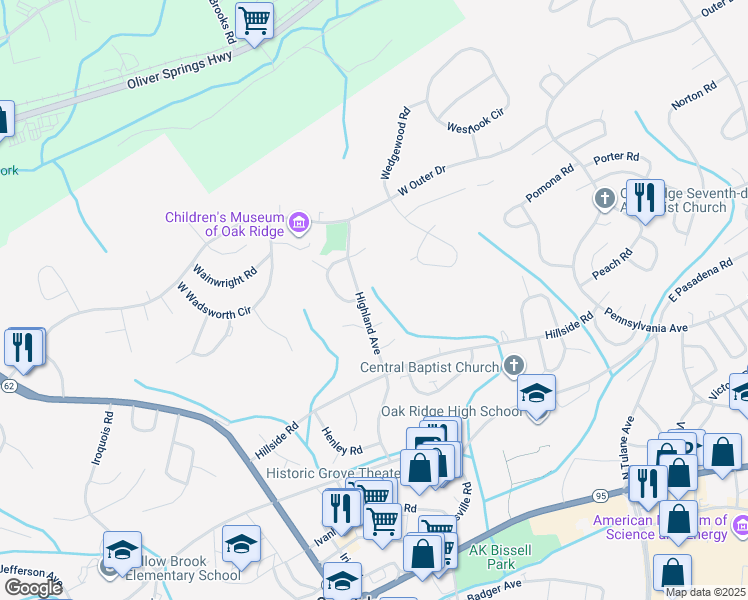map of restaurants, bars, coffee shops, grocery stores, and more near 236 Highland Avenue in Oak Ridge