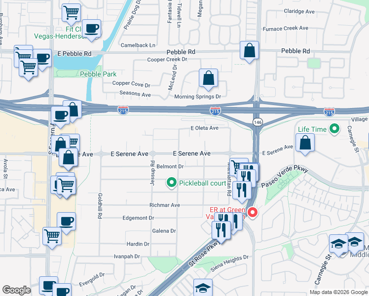 map of restaurants, bars, coffee shops, grocery stores, and more near 3120 East Serene Avenue in Henderson