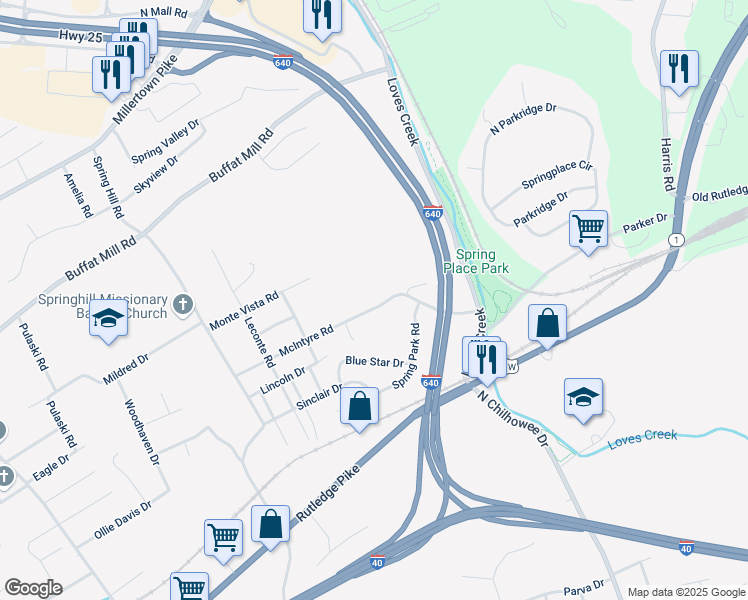 map of restaurants, bars, coffee shops, grocery stores, and more near 5233 McIntyre Road in Knoxville