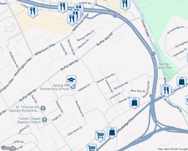 map of restaurants, bars, coffee shops, grocery stores, and more near 2112 Spring Hill Road in Knoxville