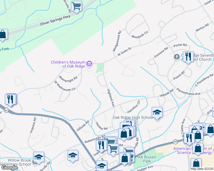 map of restaurants, bars, coffee shops, grocery stores, and more near 238 Highland Avenue in Oak Ridge