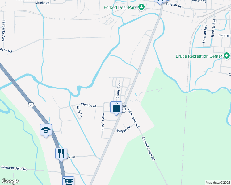 map of restaurants, bars, coffee shops, grocery stores, and more near 510 McDearmon Street in Dyersburg