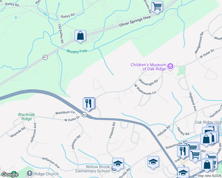 map of restaurants, bars, coffee shops, grocery stores, and more near 570 West Outer Drive in Oak Ridge